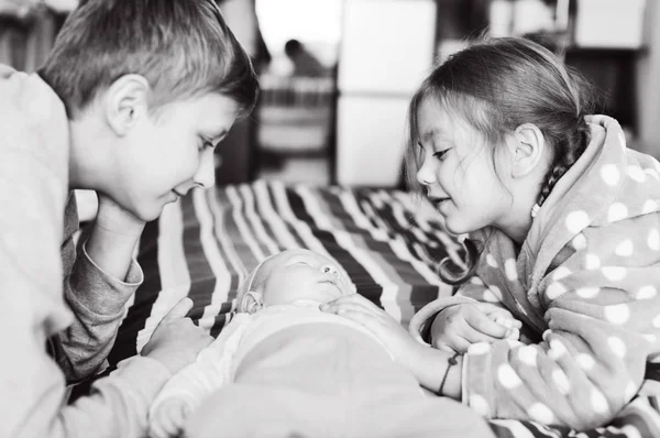 Big Brother Sister Playing Baby Brother Home — Stock Photo, Image