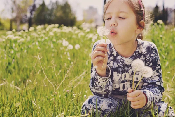 Gelukkig Kind Meisje Waait Paardebloem Bloem Buitenshuis — Stockfoto