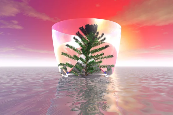 Ilustração Uma Árvore Misteriosa Enorme Vaso Vidro Superfície Oceano Contra — Fotografia de Stock