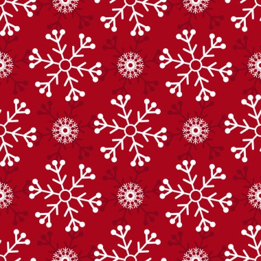 Kırmızı bir arka plan üzerinde beyaz kar taneleri ile yaratıcı Dikişsiz Noel desen