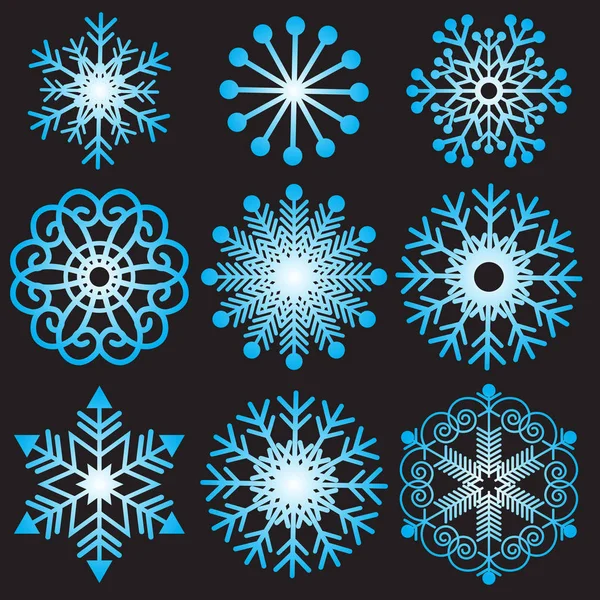 Set Copos Nieve Degradados Aislados Sobre Fondo Negro Para Decoración — Vector de stock