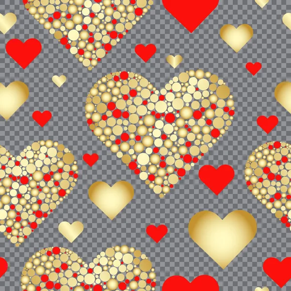 Nahtloses Valentinsmuster Aus Roten Und Goldenen Herzen Auf Transparentem Hintergrund — Stockvektor