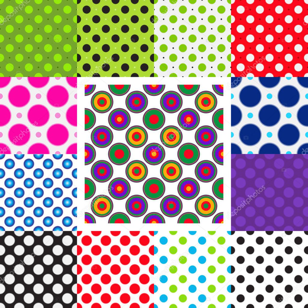 Large set seamless patterns with multicolored polka dots, eps 10