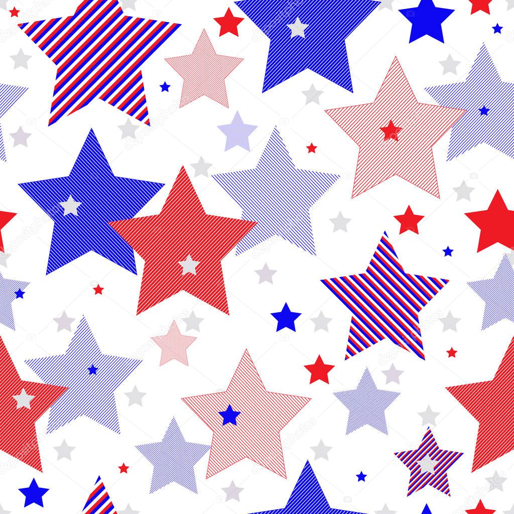 Seamless pattern of striped red and blue five-pointed stars on a transparent background, vector eps 8
