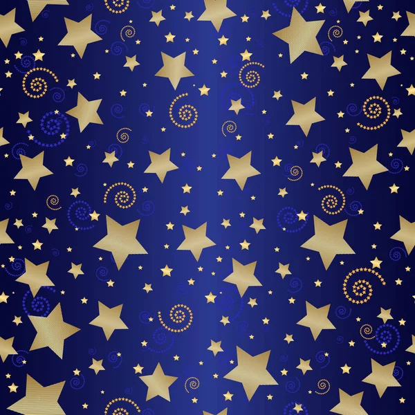 无缝的深蓝色图案与金色的星星和螺旋 Eps — 图库矢量图片