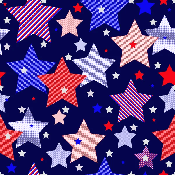 Şeffaf arkaplan üzerinde çizgili kırmızı ve mavi beş köşeli yıldızların pürüzsüz koyu mavi deseni, vektör 8