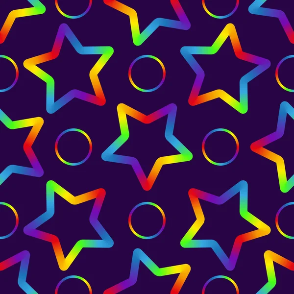 Varrat nélküli mintát szivárvány csillag és gyűrűk egy bíbor háttérben — Stock Vector