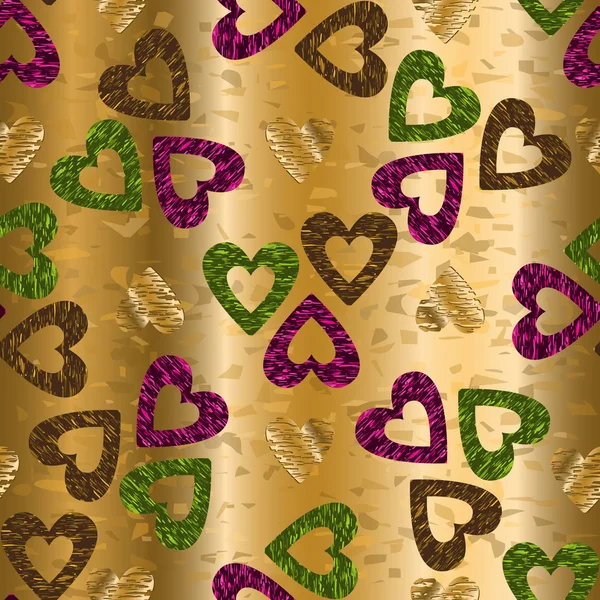 Patrón sin costuras con corazones multicolores en respaldo de gradiente de oro — Archivo Imágenes Vectoriales