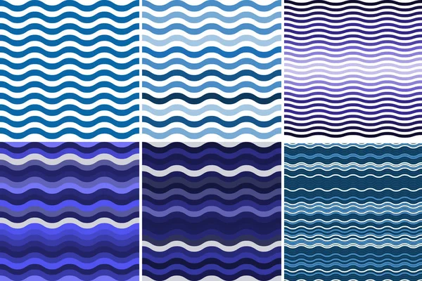 Set 6 seamless pattern with colorful blue waves. — Stock Vector