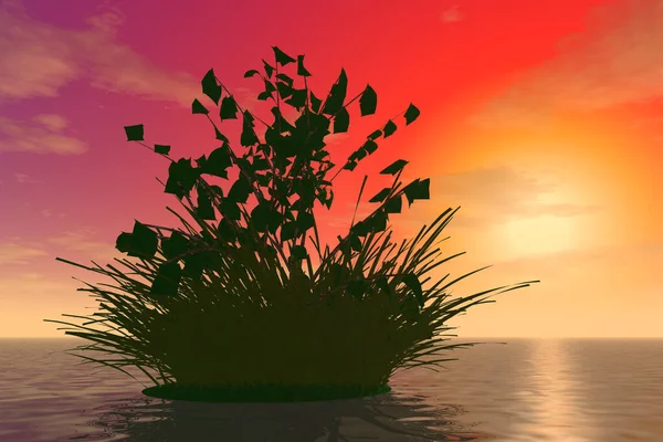 Illustration Mysterious Bush Overgrown Grass Small Island Ocean Backdrop Sunset — Stock Photo, Image