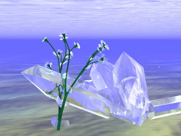 3D插图 水下神秘的植物和水晶 — 图库照片#