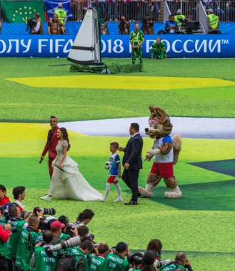 Moskova, Rusya - 14 Haziran 2018: Robbie Williams futbol Dünya Kupası Rusya 2018 Luzhniki Stadı açılış töreninde.