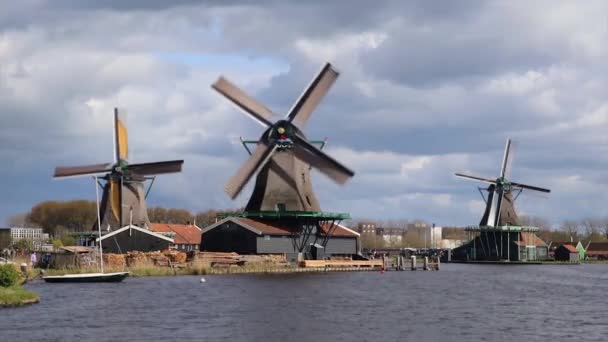 Ветряные Мельницы Zaanse Schans Нидерланды Видео Архитектуре — стоковое видео