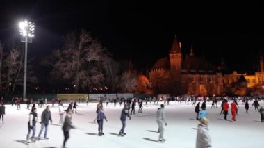 Budapeşte, Macaristan - 26 Aralık 2016: Buz pateni insanlar Vajdahunyad castle yakınındaki.