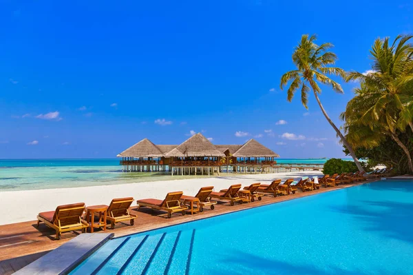Zwembad Cafe Het Strand Van Malediven Natuur Vakantie Achtergrond — Stockfoto