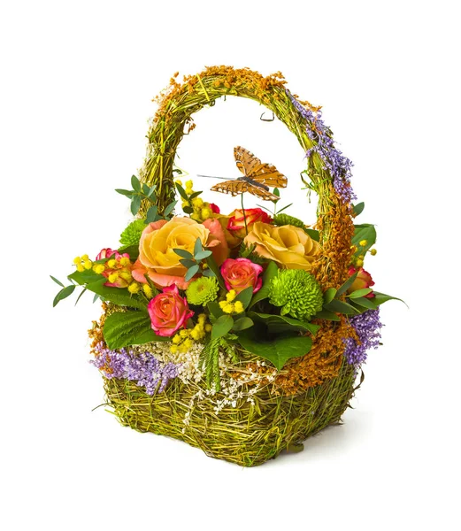 Flowers Bouquet Basket Isolated White Background — Stock Photo, Image