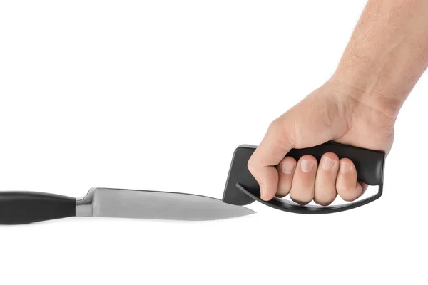 Hand Med Kniv Vässare Isolerad Vit Bakgrund — Stockfoto