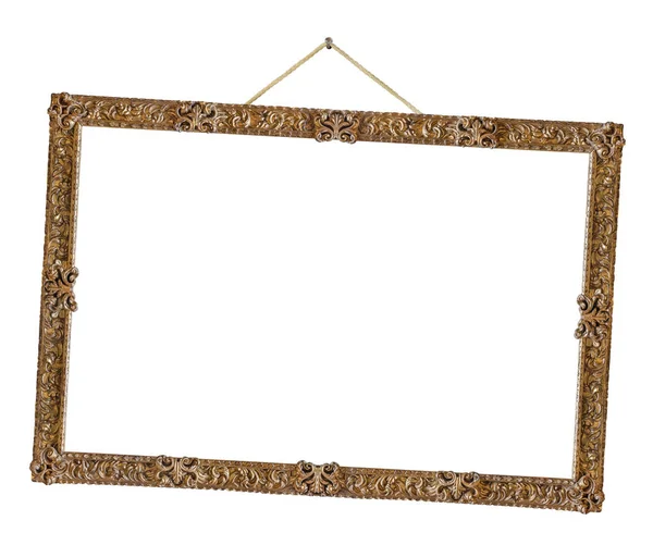 Old Wooden Picture Frame Hanging Rope Isolated White Background — Stock Photo, Image