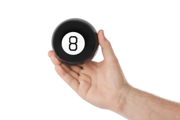 Hand Magic Billiard Ball Number Eight Isolated White Background — Stock Photo, Image