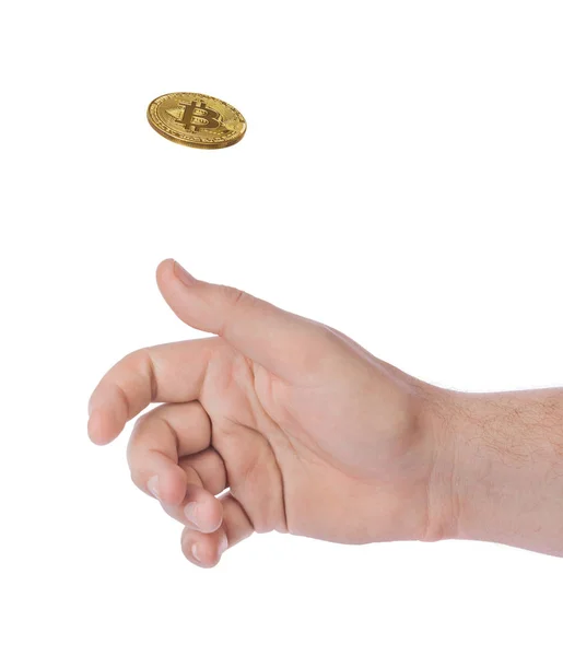 Mano Lanzando Bitcoin Aislado Sobre Fondo Blanco — Foto de Stock