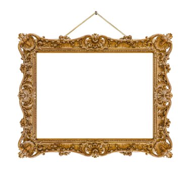 Beyaz arkaplanda izole edilmiş bir ipe asılı eski ahşap çerçeve.