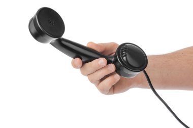 Eldeki telefon alıcısı beyaz arkaplanda izole edildi