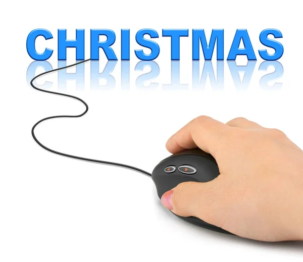 コンピュータマウスとクリスマスと手 休暇のコンセプト — ストック写真