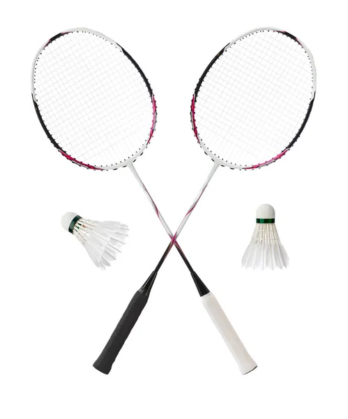 Raquettes Badminton Navettes Plumes Isolées Sur Fond Blanc — Photo