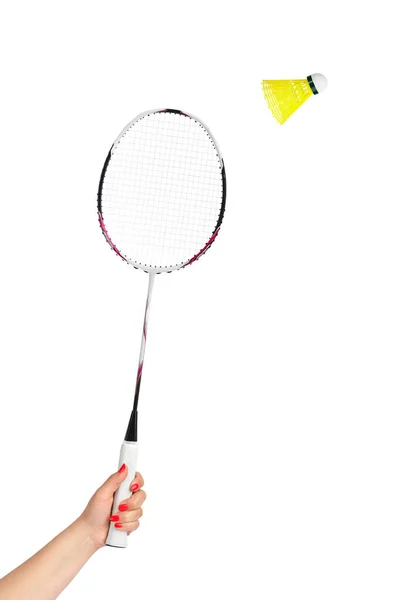 Mão Com Badminton Raquete Shuttlecock Isolado Fundo Branco — Fotografia de Stock