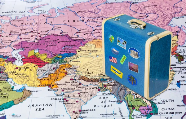 Asia map and case with stickers (my photos) - travel background