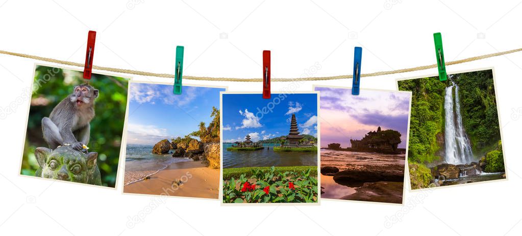 Bali Indonesia travel images (my photos) on clothespins isolated on white background