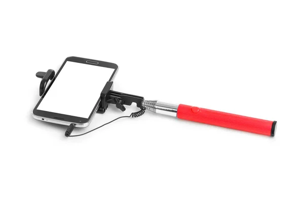 Smartphone Con Selfie Stick Aislado Sobre Fondo Blanco —  Fotos de Stock