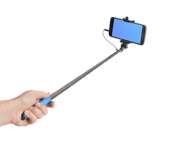 Hand Und Smartphone Mit Selfie Stick Isoliert Auf Weißem Hintergrund — Stockfoto