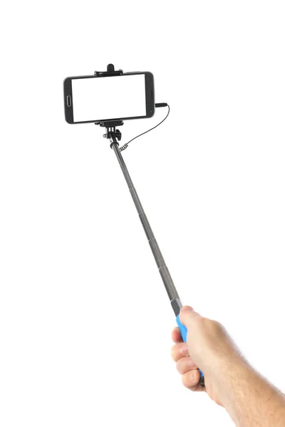 Χέρι Και Smartphone Selfie Stick Απομονώνονται Λευκό Φόντο — Φωτογραφία Αρχείου