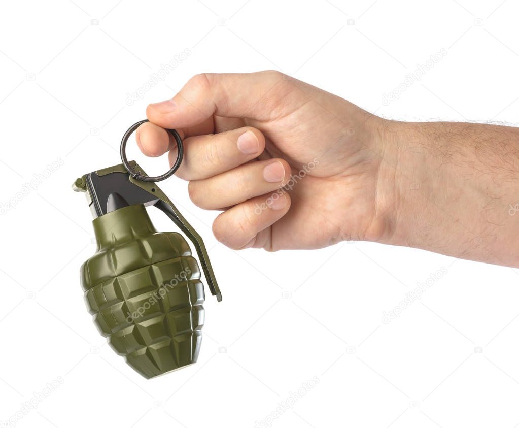 Hand with grenade isolated on white background