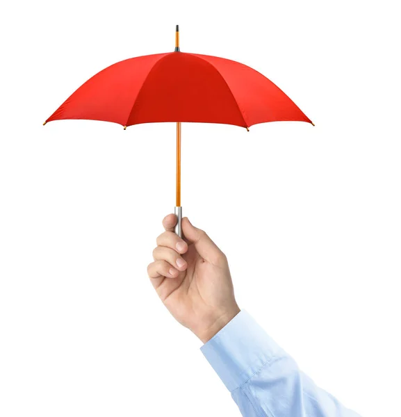 Main Avec Petit Parapluie Isolé Sur Fond Blanc — Photo