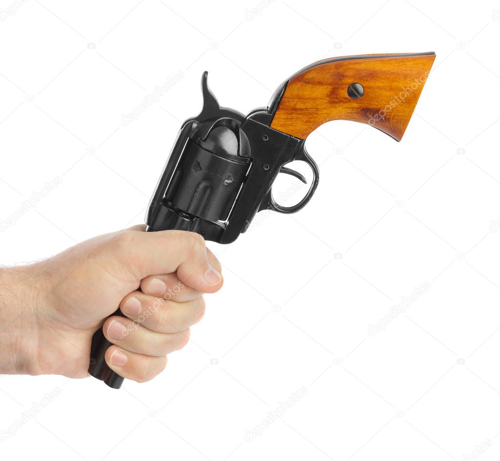 Hand with revolver isolated on white background