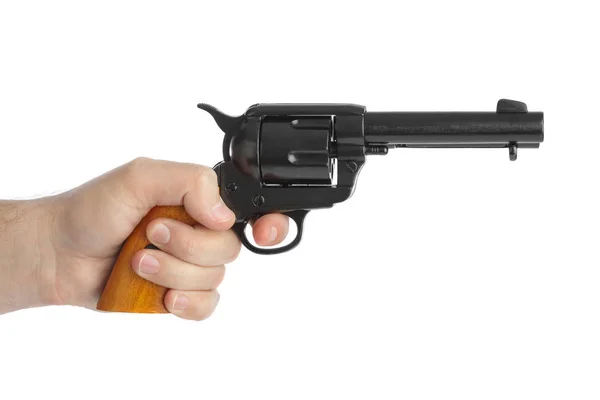 Hand Med Revolver Isolerad Vit Bakgrund — Stockfoto