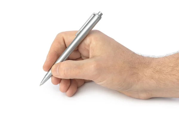 Πένα Στο Χέρι Απομονωμένη Λευκό Φόντο — Φωτογραφία Αρχείου