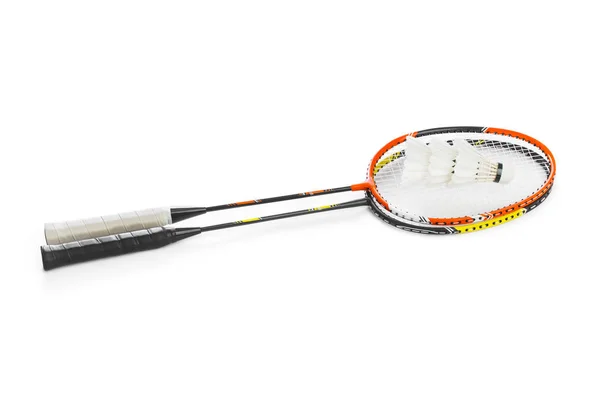 Badminton Rackets Feather Shuttlecocks Isolated White Background — Stock Photo, Image