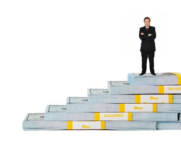Businessman and money staircase isolated on white background