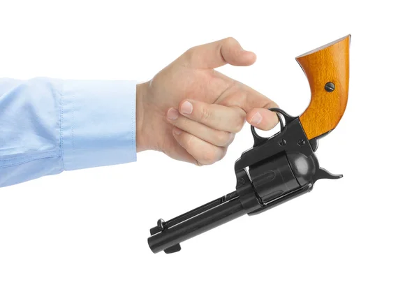 Hand Met Revolver Geïsoleerd Witte Achtergrond — Stockfoto