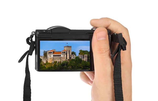 Hand Mit Kamera Und Schloss Leiria Portugal Mein Foto Isoliert — Stockfoto