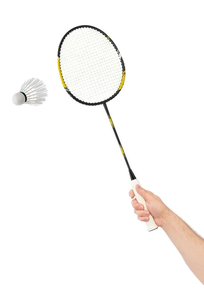 Mão Com Badminton Raquete Pena Shuttlecock Isolado Fundo Branco — Fotografia de Stock