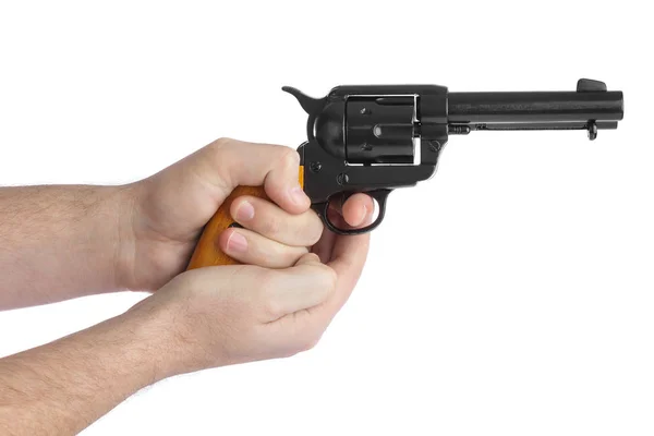 Händer Med Revolver Isolerad Vit Bakgrund — Stockfoto