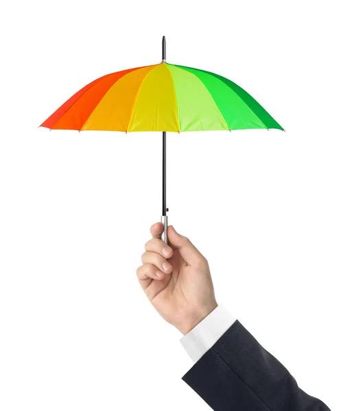 Ruka Malým Deštníkem Izolované Bílém Pozadí — Stock fotografie