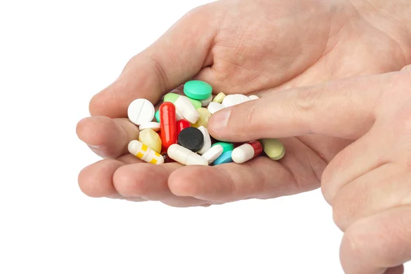 Handen Met Pillen Geïsoleerd Witte Achtergrond — Stockfoto