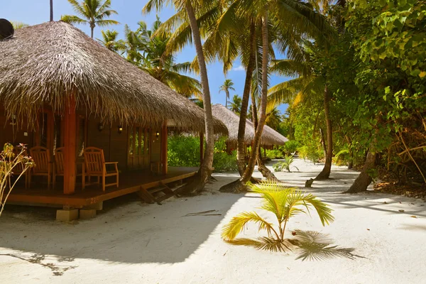 Bungalow Sulla Spiaggia Sfondo Delle Vacanze Alle Maldive — Foto Stock