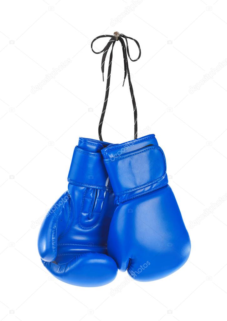 Hanging boxing gloves isolated on white background