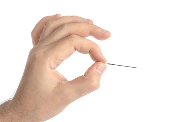 Hand Mit Nadel Isoliert Auf Weißem Hintergrund — Stockfoto